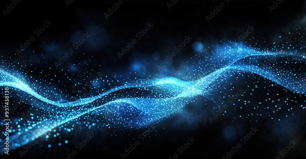 Poster abstract blue particles wave is flowing, particles are glowing and forming a line on black backgroun