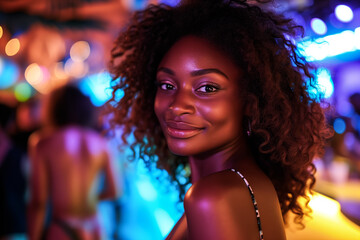Fototapeta premium Radiant young woman enjoying a vibrant night party. Generative AI image