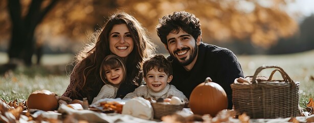 Happy Family Enjoying Fall Picnic In The Park With Pumpkins