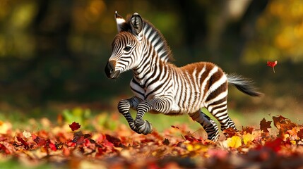 Energetic zebra foal darting from a pile of red and yellow autumn leaves in park