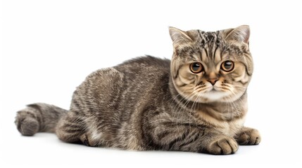 Fototapeta premium Cute Brown Tabby Cat Laying Down on White Background