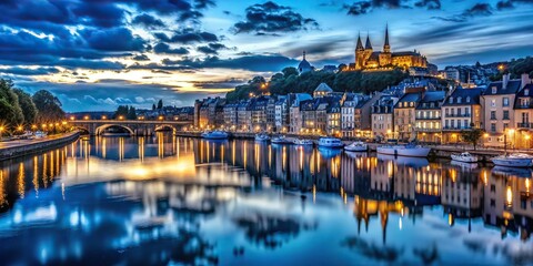 Moody French Blue Nightscape with Twinkling City Lights Reflections