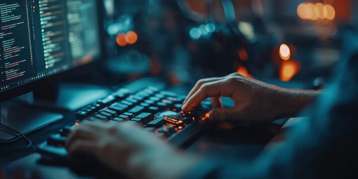 Macro shot of a software engineer's hands working on a high-performance desktop, IDE with debugging tools in focus