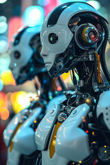 Fototapeta premium Futuristic robot heads in vibrant light setting. Generative AI image
