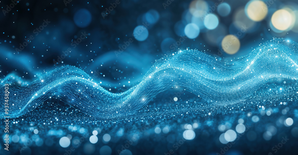Poster Flowing abstract blue particles with bokeh background, perfect for technology and science design. High quality photo