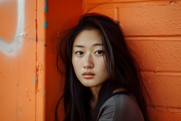 Fototapeta premium Portrait of a Young Woman with Freckles Against a Red Wall