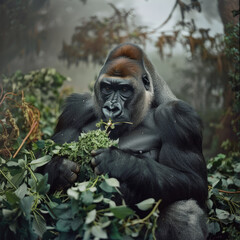 Obraz premium Silverback gorilla in misty forest holding greenery. Generative AI image