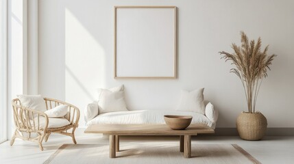 Minimalist home interior with a mockup frame on a wooden table, bright white walls and neutral decor