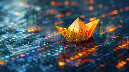 Digital paper boat sailing on data stream. Generative AI image