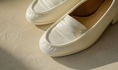 White lather loafer mules shoes on beige. 