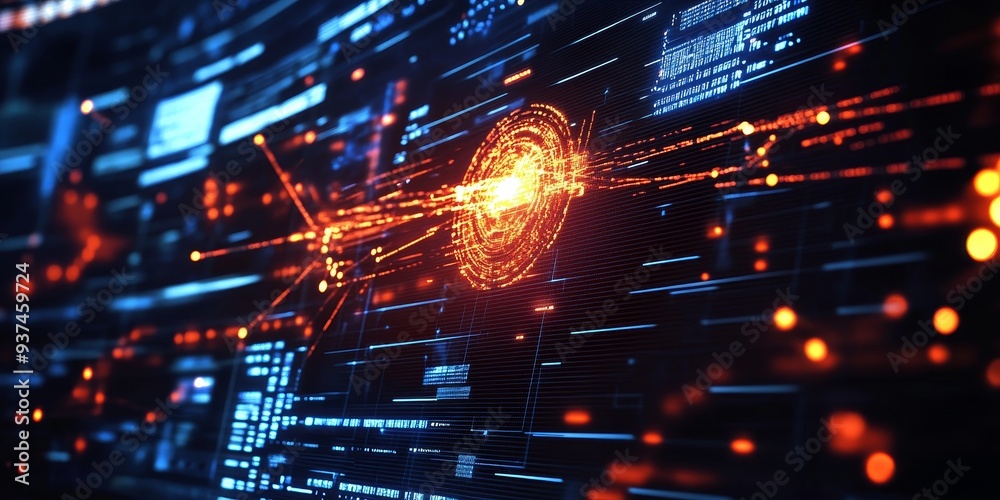 Poster Detailed view of a DDoS attack simulation, network traffic spike and mitigation strategies on display, sophisticated cyber defense in action