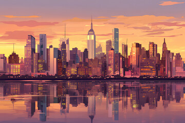 Obraz premium Beautiful panoramic view, New York, USA, downtown, cartoon style, vector, 3d rendering