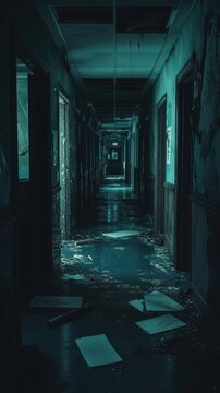Spooky Haunted School Hallway with Abandoned School Supplies