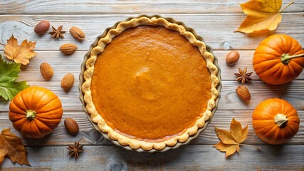 Fototapeta premium pumpkin pie - a pumpkin pie placed on a wooden surface. The pie has a smooth, orange filling with a crimped edge crust. Surrounding the pie are small pumpkins, autumn leaves, and various nuts