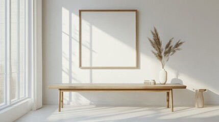 Minimalist white room with a wooden table, mockup frame, and neutral decor elements, bright and clean