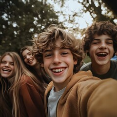 Obraz premium Group of teenagers taking a selfie outdoors