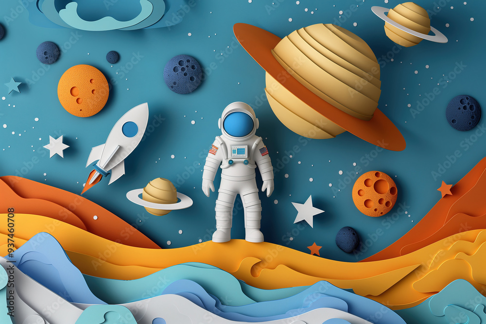 Wall mural colorful paper art style space scene with astronaut and planets. generative ai image
