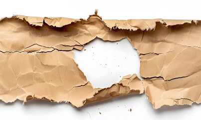 Ragged hole torn in ripped paper, isolated on white background.