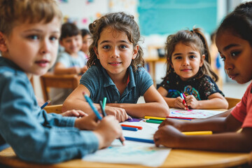 Fototapeta premium Group of young kids happily drawing in classroom. Generative AI image