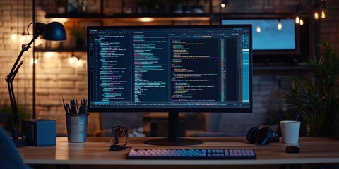 Zoomed-in view of app code with real-time debugging, interface preview alongside code editor on a developer's monitor