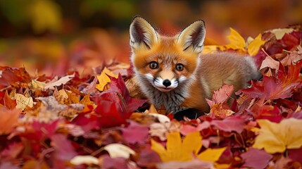 Fototapeta premium Frisky fox kit darting out of a pile of red and yellow autumn leaves in park