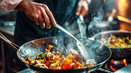 Anonymous chef prepares colorful stir-fry with fresh vegetables. Generative AI image