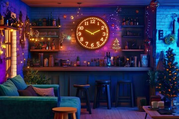 Naklejka premium A cozy bar setting with warm lighting, a large clock, and festive decorations.