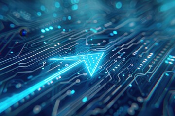 Fototapeta premium Microchip Board Arrow Illustration, abstract design featuring a microchip board in an arrow shape, set against a vibrant blue background, symbolizing technological advancement.