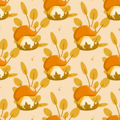 Naklejka premium Happy harvest, seamless pattern with mushrooms and herbs