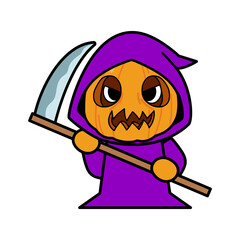 Obraz premium Grim Reaper pumpkin Holding Scythe Cartoon, Halloween skeleton death