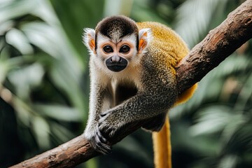 Fototapeta premium A close-up of a squirrel monkey perched on a branch in a lush environment.