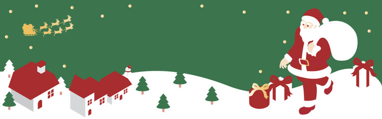 バナー　フレーム　クリスマス　アイソメトリック　サンタクロース　街並み　背景　イラスト素材