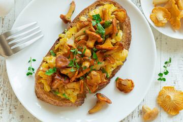 toast with  fried chanterelle mushrooms and scrambled eggs