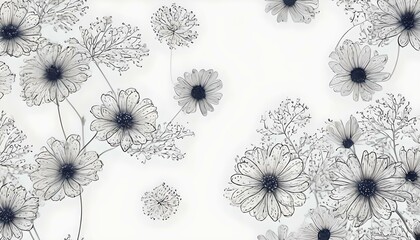 アンティーク調の植物 花 白黒 モノクロ 白い背景画像 Antique style plant flower black and white monochrome white background image