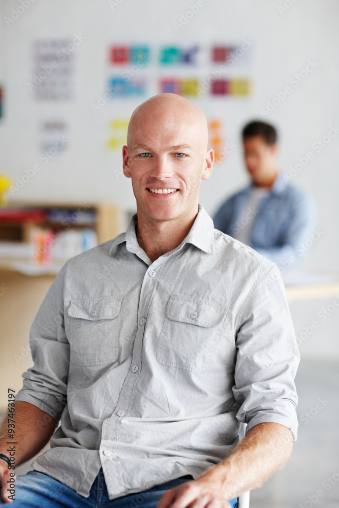 Poster business man, portrait and graphic designer with smile from working, startup and creative agency. pr