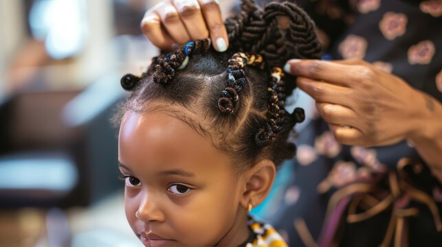 Toddler Girl Getting Hair Braided in Bantu Knots by Adult
