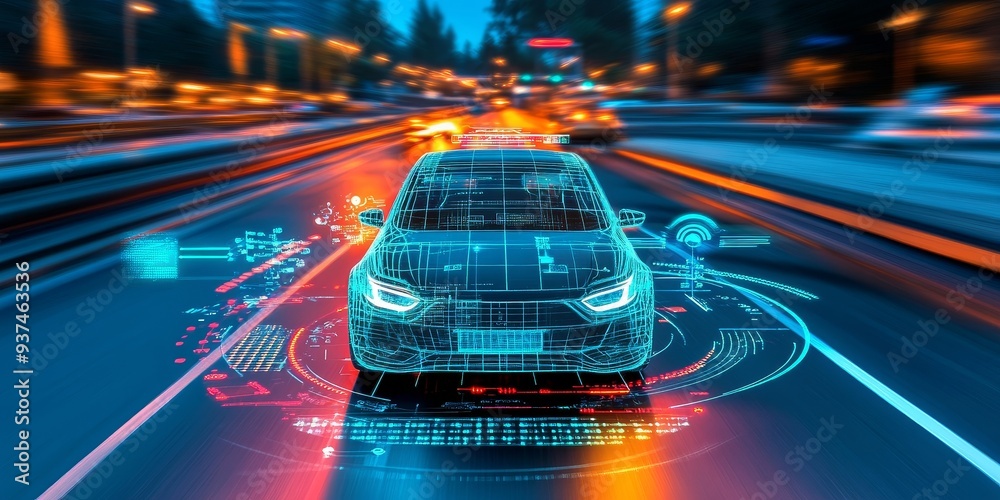 Fototapete a self-driving car's sensor array, cameras, LIDAR, and radar systems working together for safe navigation