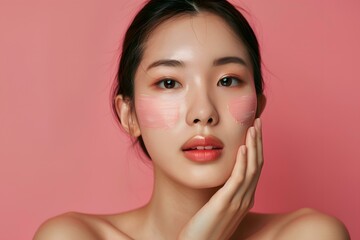 Asian Woman with Makeup on Pink Background