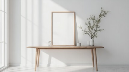 White room with a wooden table, mockup frame, and subtle decor elements, minimalist and bright
