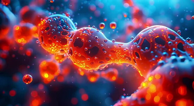 Scientific of light and luminous DNA helix molecules move inside the human body through a microscope as scientific research finds a cure for serious diseases