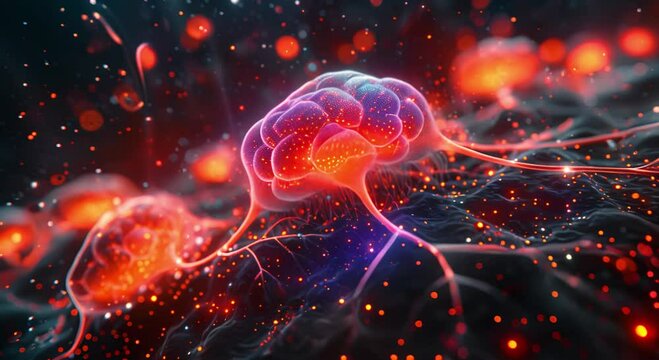 Scientific of neural stem cells of brain with sparkle light neural connections neurological disorders. molecules releasing energy in a muscle cell