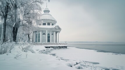 Obraz premium Snow-covered Rotunda building stands alone on frozen Onego Lake shoreline in Petrozavodsk city under gloomy winter sky.