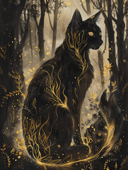 Elegant Black and Gold Full-Body Portrait of Majestic Cat, Regal and Mysterious, with Golden Glowing Eyes and Shimmering Fur