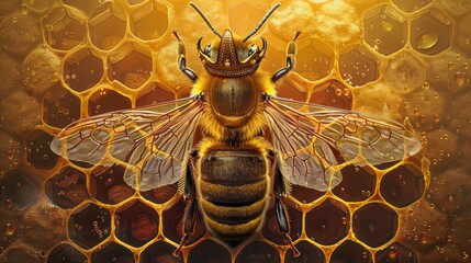 Royal Queen Bee with Crown on Honeycomb Background