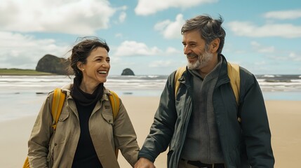 Happy Couple Holding Hands and Walking on the Beach Together