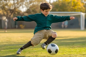 Obraz premium Young Boy Kicking Soccer Ball On Grass Field