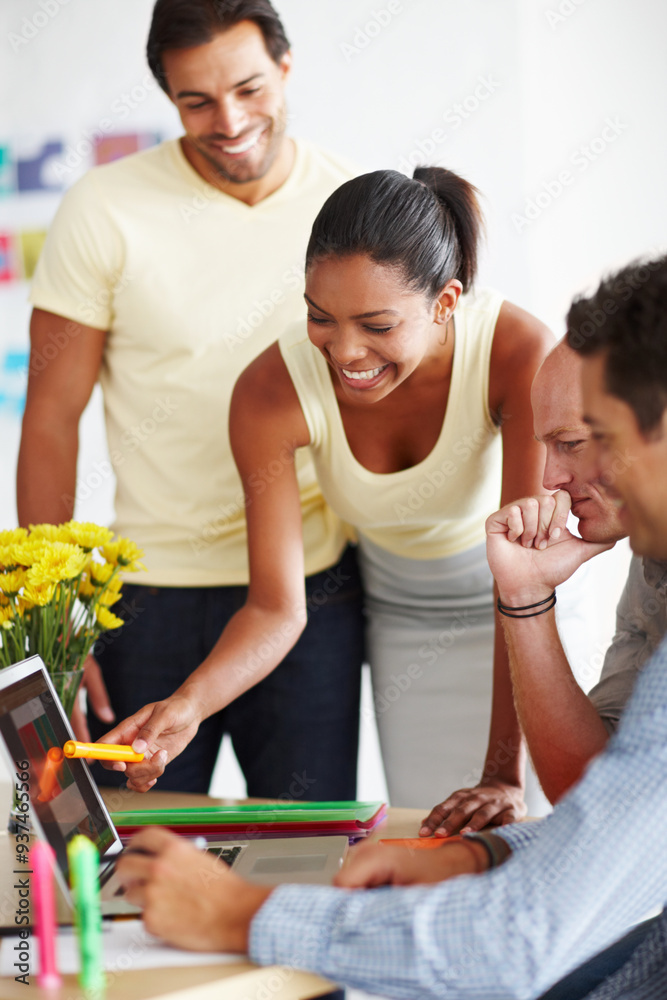 Poster laptop, discussion and team of business people in office for creative project feedback, review or co