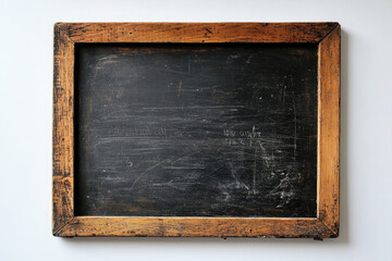 Old chalkboard with visible chalk traces, perfect for educational concepts. Vintage blackboard with wooden frame, offering rustic feel. Blank surface for messages or drawings. Copy space