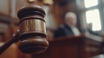 Close-up of a wooden gavel, with a judge blurred in the background, justice and law theme