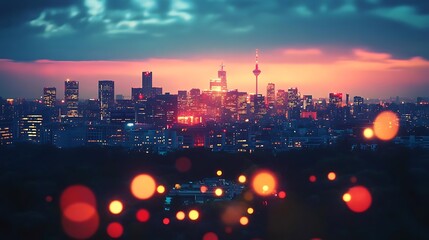 Cityscape at Dusk with Bokeh Lights - Illustration